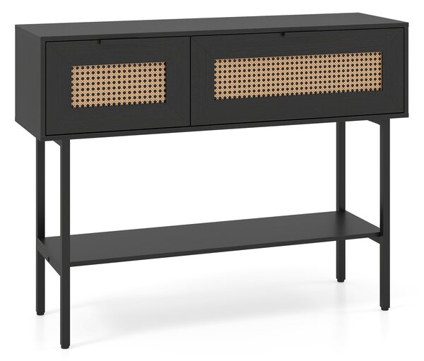 Costway Consolle ingresso a 2 ripiani con 2 scomparti finitura in rattan PE, Console moderna salvasapzio per corridoio soggiorno Nero