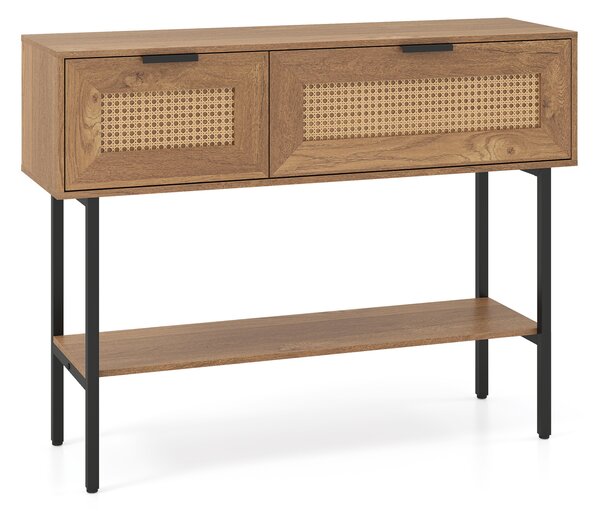 Costway Consolle ingresso a 2 ripiani con 2 scomparti finitura in rattan PE, Console moderna salvasapzio per corridoio soggiorno Legno naturale