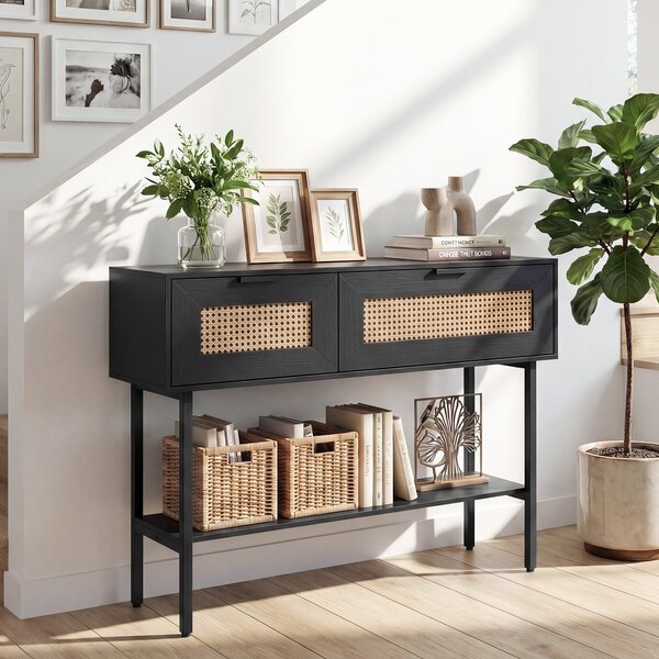 Costway Consolle ingresso a 2 ripiani con 2 scomparti finitura in rattan PE, Console moderna salvasapzio per corridoio soggiorno Nero
