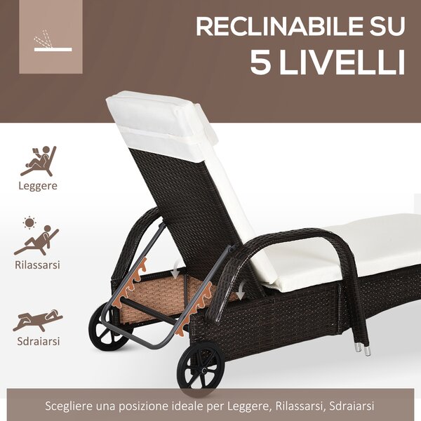 Outsunny Set Relax Sedie Tavolino in Rattan 3pz 2 Lettini a Sdraio Reclinabili Imbottiti con Rotelle e Tavolino, Marrone|Aosom