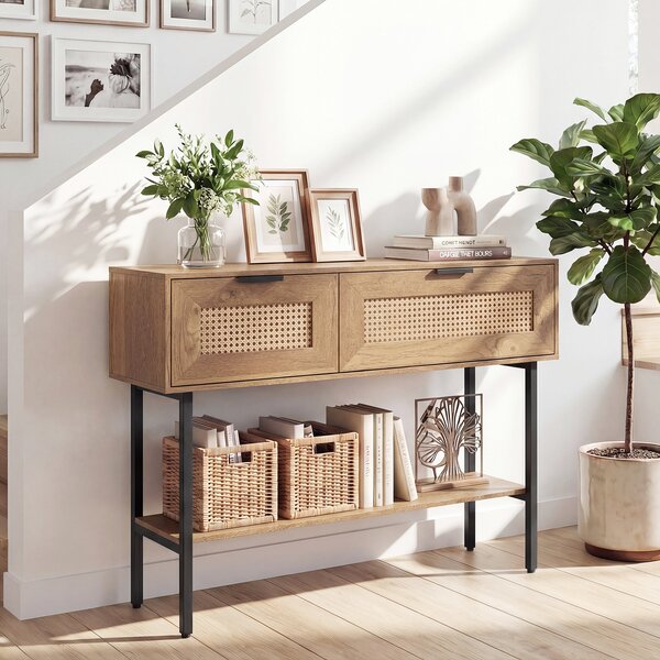 Costway Consolle ingresso a 2 ripiani con 2 scomparti finitura in rattan PE, Console moderna salvasapzio per corridoio soggiorno Legno naturale