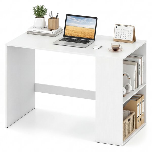 Costway Scrivania ufficio con libreria laterale a 2 ripiani e ampio piano, Scrittoio per computer salvaspazio per studio soggiorno e ufficio Bianco