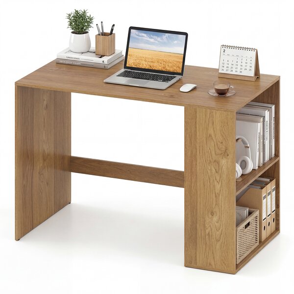 Costway Scrivania ufficio con libreria laterale a 2 ripiani e ampio piano, Scrittoio per computer salvaspazio per studio soggiorno e ufficio Legno naturale