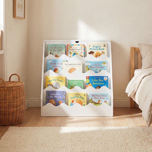 Costway Libreria per bambini 2 in 1 con coperchio ribaltabile, Scaffale per libri a 4 livelli con carrello su ruote Bianco