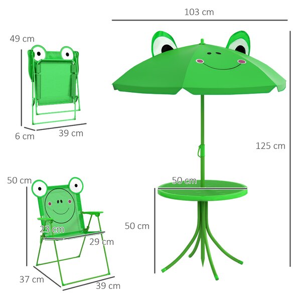 Outsunny Set Tavolo da Giardino con 2 Sedie Pieghevoli e Ombrellone per Bambini in Metallo e Poliestere, Verde|Aosom