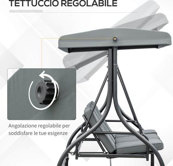 Outsunny Dondolo da Giardino 3 Posti Convertibile in Lettino con Tettuccio Regolabile, Grigio Scuro|Aosom