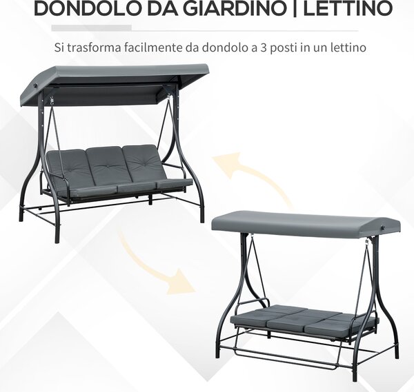 Outsunny Dondolo da Giardino 3 Posti Convertibile in Lettino con Tettuccio Regolabile, Grigio Scuro|Aosom