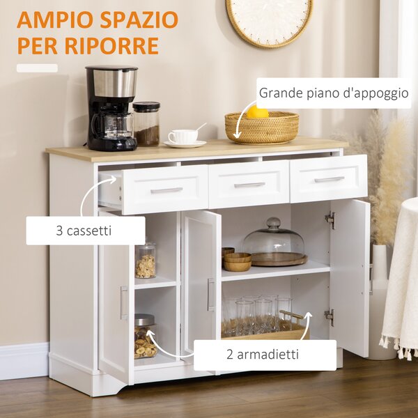 HOMCOM Credenza Moderna a 3 Cassetti e 3 Ante in MDF e Truciolato con Ripiano Regolabile, 101x39x82 cm, Bianco|Aosom