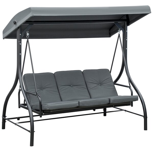 Outsunny Dondolo da Giardino 3 Posti Convertibile in Lettino con Tettuccio Regolabile, Grigio Scuro|Aosom