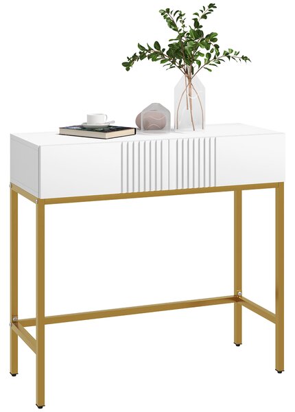 HOMCOM Tavolo Moderna per Ingresso a linee con 2 Cassetti e Gambe Dorate, Consolle con Rivestimento in plastica e Base in acciaio, Bianco|Aosom Italy