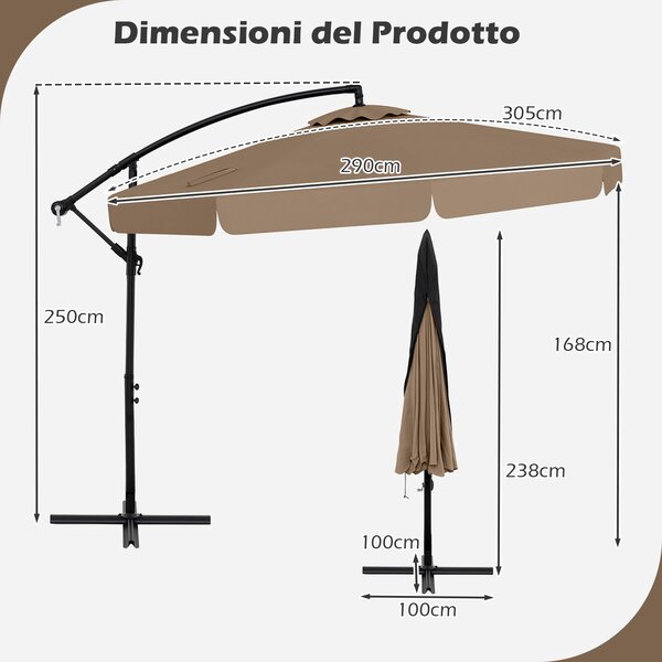 Costway Ombrellone a braccio con inclinazione regolabile da giardino resistente, Ombrellone per piscina e terrazza Marrone