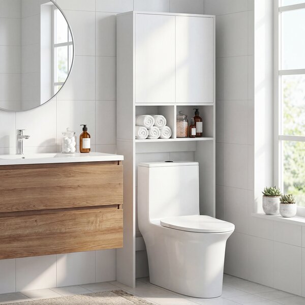 Costway Mobile bagno sopra wc con 2 ante 2 scomparti aperti e ripiano regolabile, Scaffale sopra lavatrice per lavanderia salvaspazio da terra