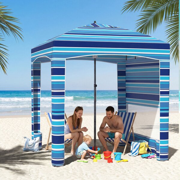 Costway Tenda da spiaggia con parete laterale rimovibile borsa portatile 4 sacchi e 4 ganci per appendere, Gazebo da esterno regolabile in altezza Blu Scuro