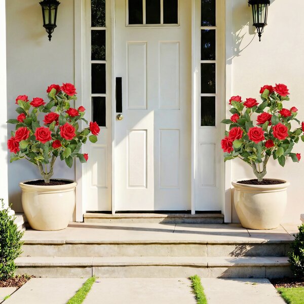 Costway Rose rosse finte per decorazioni con 18 rose 186 foglie, Robusta punta in lega di alluminio 2 mazzi fiori artificiali realistici