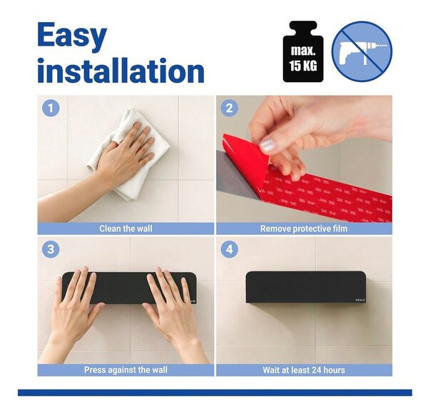 Mensola da bagno senza foratura nera in acciaio inox con aggancio Turbo-loc Lizan – Wenko