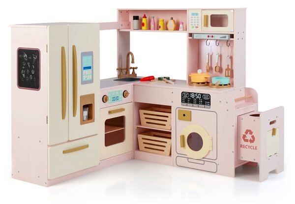 Costway Cucina angolare giocattolo da gioco ad angolo con luci e suoni, Cucina angolare giocattolo set frigorifero a doppia porta Rosa