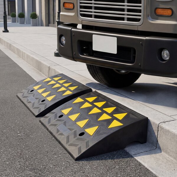 Costway Set di 2 rampe per soglia con strisce riflettenti triangolari gialle e fori di drenaggio, Rampa per marciapiede in gomma antiscivolo altezza 16 cm