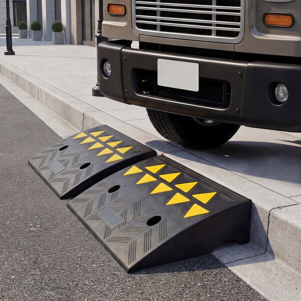 Costway Set di 2 rampe per soglia con strisce riflettenti triangolari gialle e fori di drenaggio, Rampa per marciapiede in gomma antiscivolo altezza 13 cm