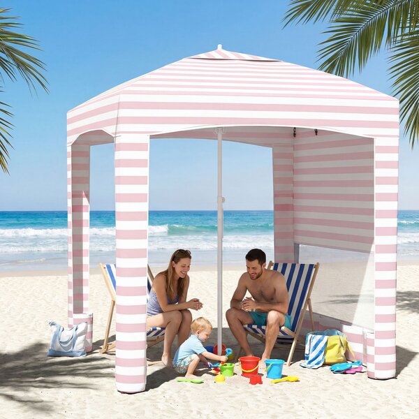 Costway Tenda da spiaggia con parete laterale rimovibile borsa portatile 4 sacchi e 4 ganci per appendere, Gazebo da esterno regolabile in altezza Rosa