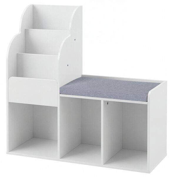 Costway Libreria montessori con panca imbottita per bambini, Scaffale bianco a 3 livelli porta giochi libri con 3 vani portaoggetti in legno
