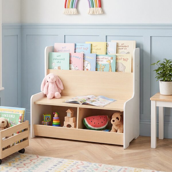 Costway Panca portagiochi a due posti con portariviste a due ripiani 2 scomparti aperti e cuscino seduta rimovibile, Cassapanca per bambini Bianco