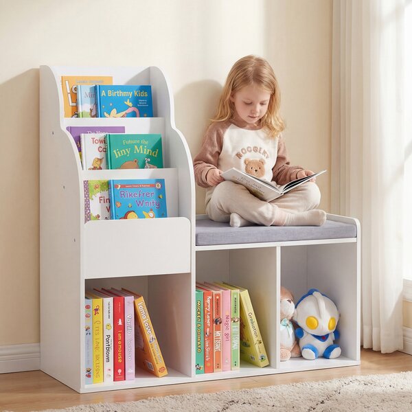 Costway Libreria montessori con panca imbottita per bambini, Scaffale bianco a 3 livelli porta giochi libri con 3 vani portaoggetti in legno