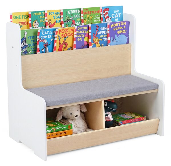 Costway Panca portagiochi a due posti con portariviste a due ripiani 2 scomparti aperti e cuscino seduta rimovibile, Cassapanca per bambini Bianco