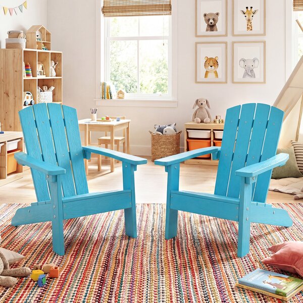 Costway Sedia adirondack per bambini in plastica resistente alle intemperie, Poltrona da giardino con schienale a doghe inclinato Blu