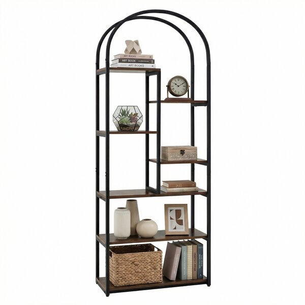 Costway Libreria ad arco con 2 kit antiribaltamento e piedini regolabili, Libreria a 7 ripiani aperto con struttura in legno robusta
