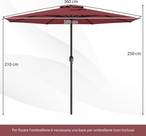 Costway Ombrellone da mercato con manovella da tavolo con parte superiore ventilata, Ombrellone da patio 350 cm Rosso Bordeaux