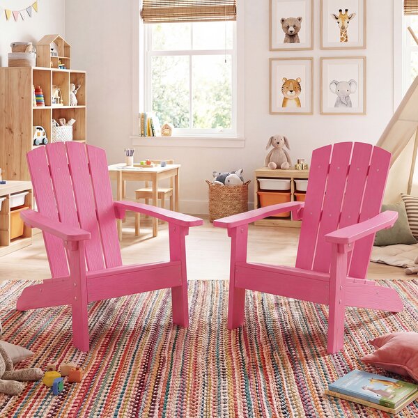 Costway Sedia adirondack per bambini in plastica resistente alle intemperie, Poltrona da giardino con schienale a doghe inclinato Rosa