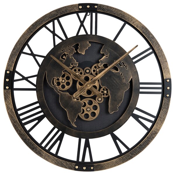 Costway Orologio a ingranaggi silenzioso con mappa del mondo, Orologio in metallo decorativo con ingranaggi mobili Marrone