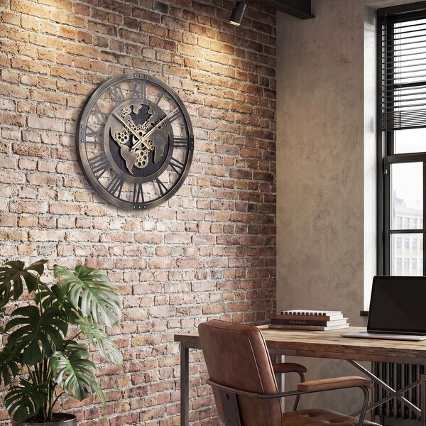 Costway Orologio a ingranaggi silenzioso con mappa del mondo, Orologio in metallo decorativo con ingranaggi mobili Marrone