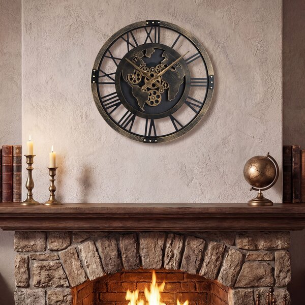 Costway Orologio a ingranaggi silenzioso con mappa del mondo, Orologio in metallo decorativo con ingranaggi mobili Marrone