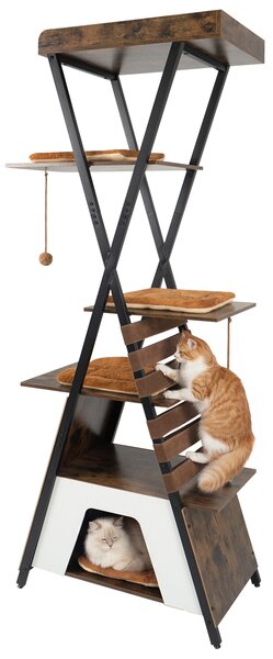 Costway Tiragraffi per gatti con 3 pompon pendenti elastici cuccia e 4 cuscini rimovibili e lavabili, Albero per gatti multilivelli