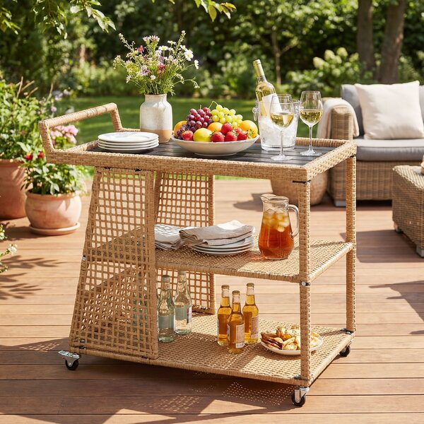 Costway Carrello bar da esterno con 4 ruote 3 ripiani aperto e maniglia laterale, Carrello portavivande in rattan