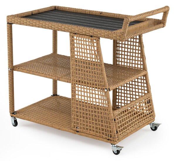 Costway Carrello bar da esterno con 4 ruote 3 ripiani aperto e maniglia laterale, Carrello portavivande in rattan