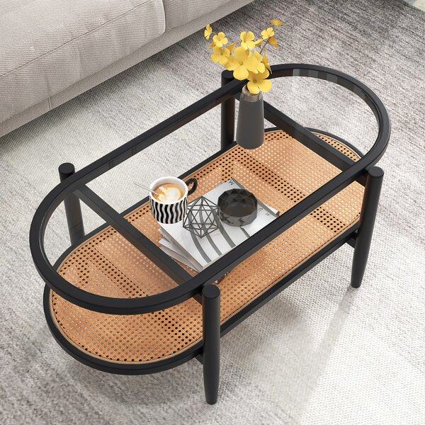 Costway Tavolino da caffè a 2 piani cornice in legno d'acacia, Tavolo da salotto in rattan PE con piano in vetro Nero e Naturale