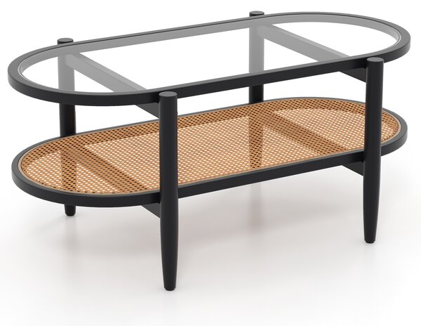Costway Tavolino da caffè a 2 piani cornice in legno d'acacia, Tavolo da salotto in rattan PE con piano in vetro Nero e Naturale