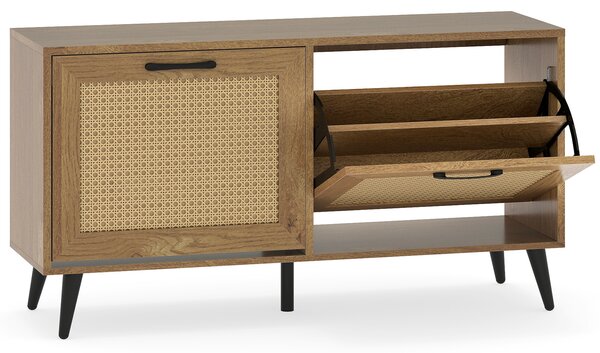 Costway Scarpiera salvaspazio a 2 ante a ribalta con ripiano regolabile decorazioni in rattan, Mobile chiuso portascarpe in legno