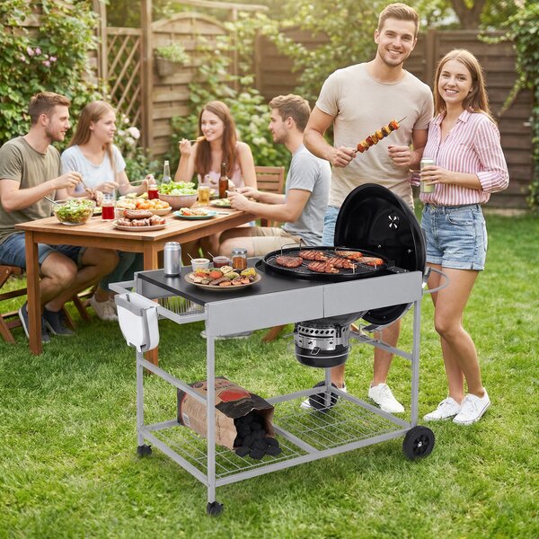 Costway Carrello per barbecue da esterno con ampio piano ripiano a rete porta spezie portarotolo, Carrello da cucina per barbecue 18-22 pollici