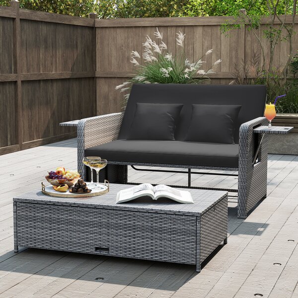 Costway Divano letto in rattan per patio con schienale regolabile e tavolini pieghevoli, Set 2 pezzi con divanetto e pouf per giardino e piscina Nero