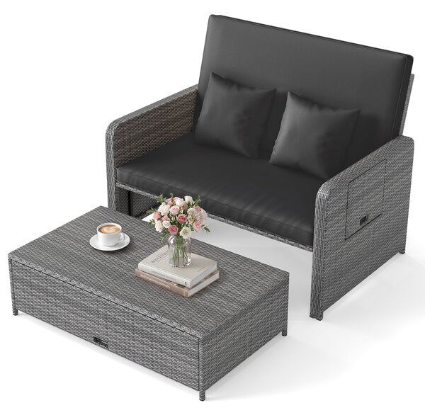 Costway Divano letto in rattan per patio con schienale regolabile e tavolini pieghevoli, Set 2 pezzi con divanetto e pouf per giardino e piscina Nero