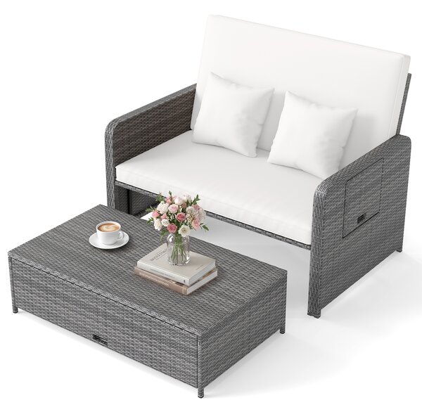 Costway Divano letto in rattan per patio con schienale regolabile e tavolini pieghevoli, Set 2 pezzi con divanetto e pouf per giardino e piscina Bianco
