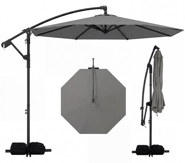 Costway Ombrellone da giardino con 8 stecche sacchi di sabbia tettuccio girevole e ventilato, Ombrellone portatile resistente Grigio
