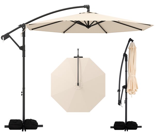 Costway Ombrellone da giardino con 8 stecche sacchi di sabbia tettuccio girevole e ventilato, Ombrellone portatile resistente Beige