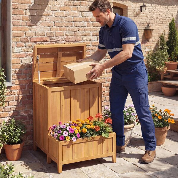 Costway Cassetta postale individuale con orto rialzato da giardino in legno massello, Multiuso baule contenitore con coperchio da esterno