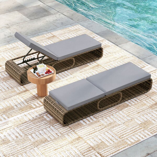Costway 2*Lettino prendisole in rattan per giardino con cuscino e schienale regolabile, Cuscino e spazio di archiviazione Grigio