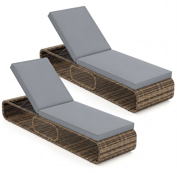 Costway 2*Lettino prendisole in rattan per giardino con cuscino e schienale regolabile, Cuscino e spazio di archiviazione Grigio
