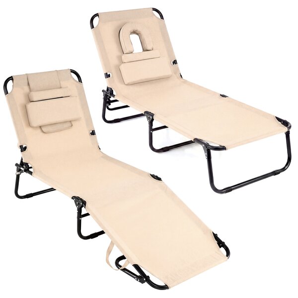 Costway 2*Sedia pieghevole con foro per il viso cuscini rimovibili schienale regolabile in 5 livelli, Sedia a sdraio Beige